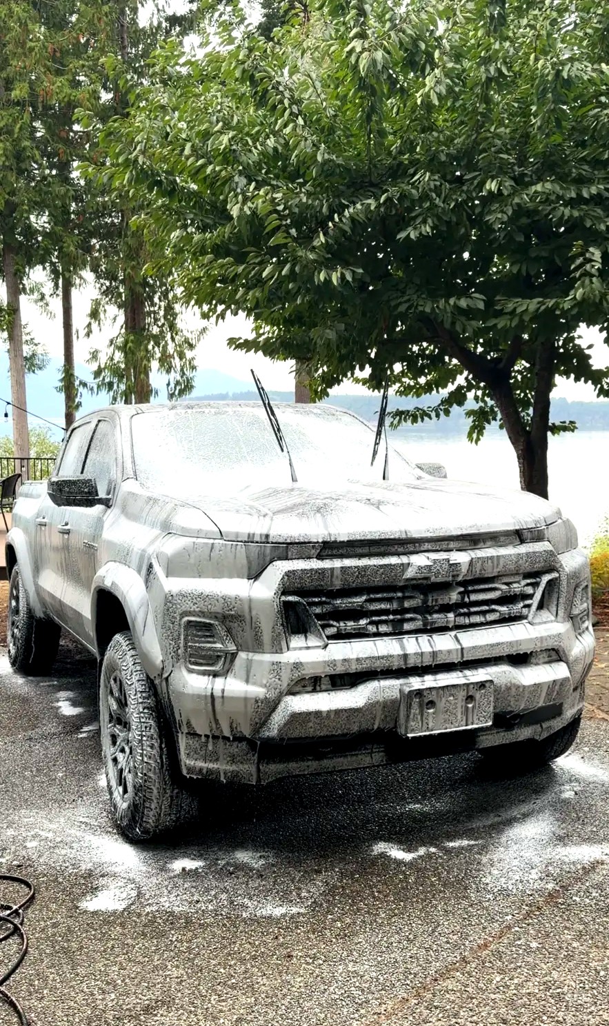 Chevy Colorado covered in foam during an exterior wash by D’s Mobile Detailing